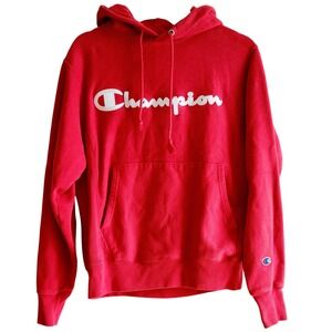 Champion Hoodie Red Large Pullover Fleece Sweatshirt Vintage White Logo Thick S